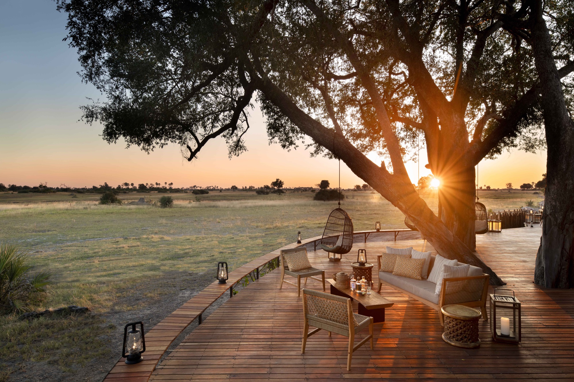Curved wooden viewing deck at Tawana at sunrise, with hanging chairs, a sofa and lanterns under a large tree overlooking the floodplain